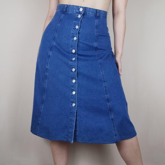 Vintage Dresses & Skirts - Vintage 90s denim button front circle midi skirt uk 14